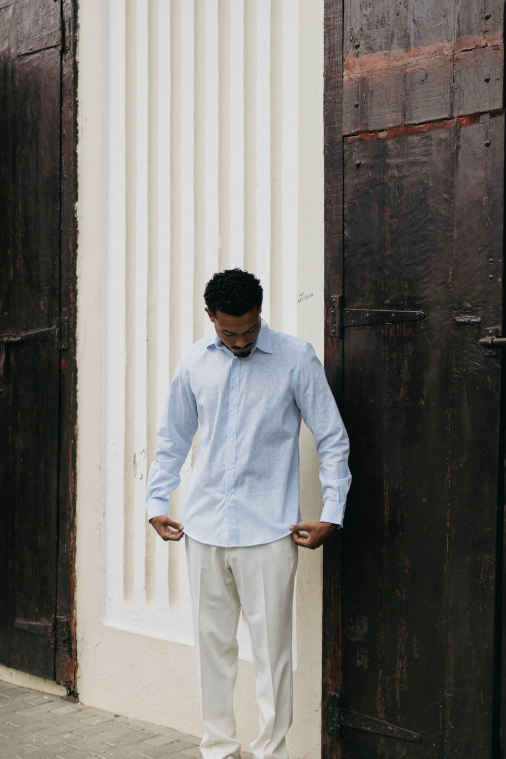 Camisa de lino-algodón Lobo Club azul cielo, vista frontal