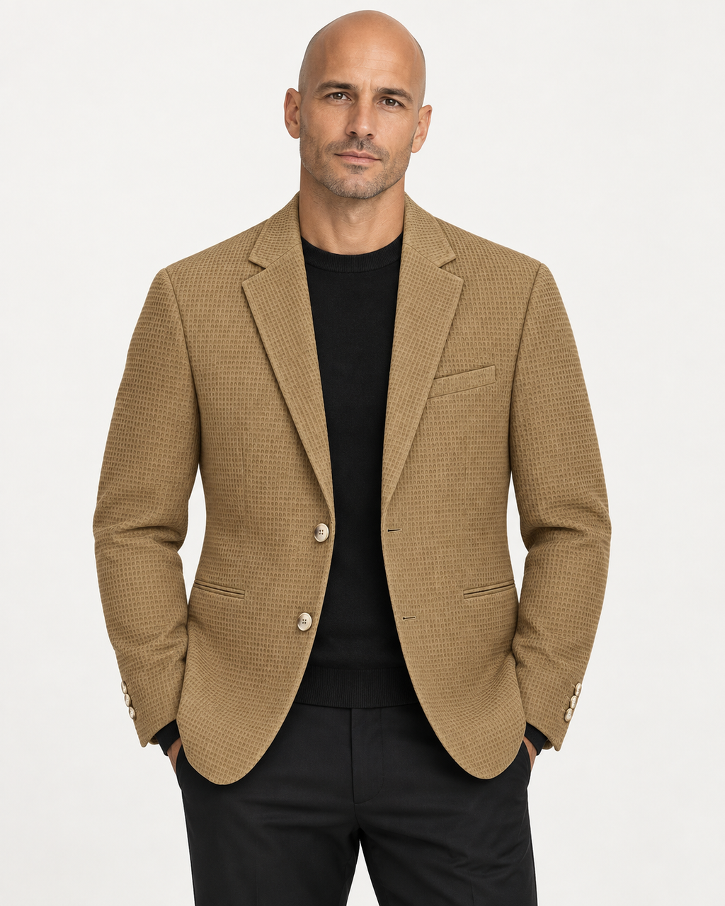 Modelo vistiendo chaqueta casual texturizada color camel